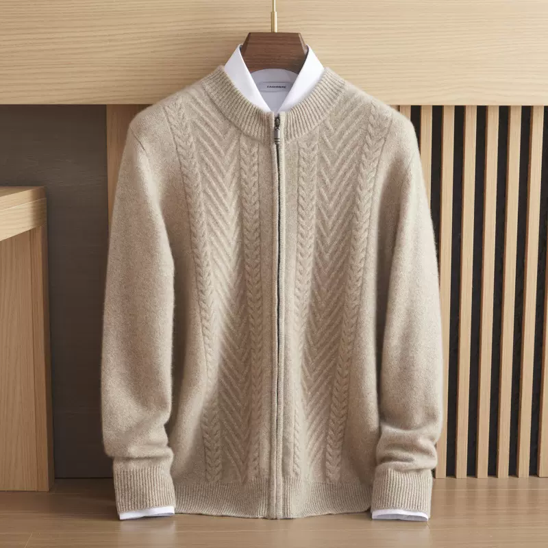 男士加厚羊绒衫男100%纯山羊绒开衫圆领拉链长袖宽松毛衣外套