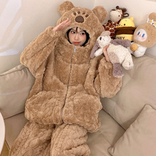 三层夹棉睡衣女秋冬季加绒加厚卡通连帽冬天保暖可外穿家居服套装