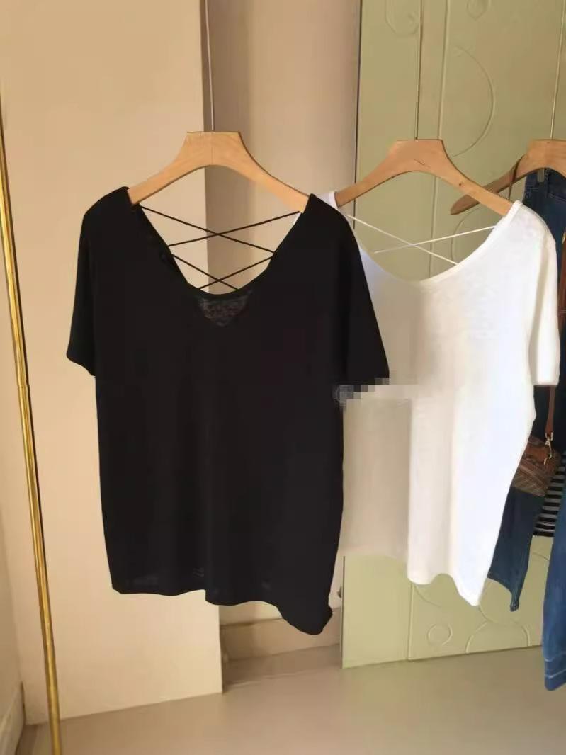 Hollow Scheming Backless top Pure Cotton Fat mm Covering the Flesh Loose Slimming Look Large Size Short-sleeved t-shirt Women's Design ins trend