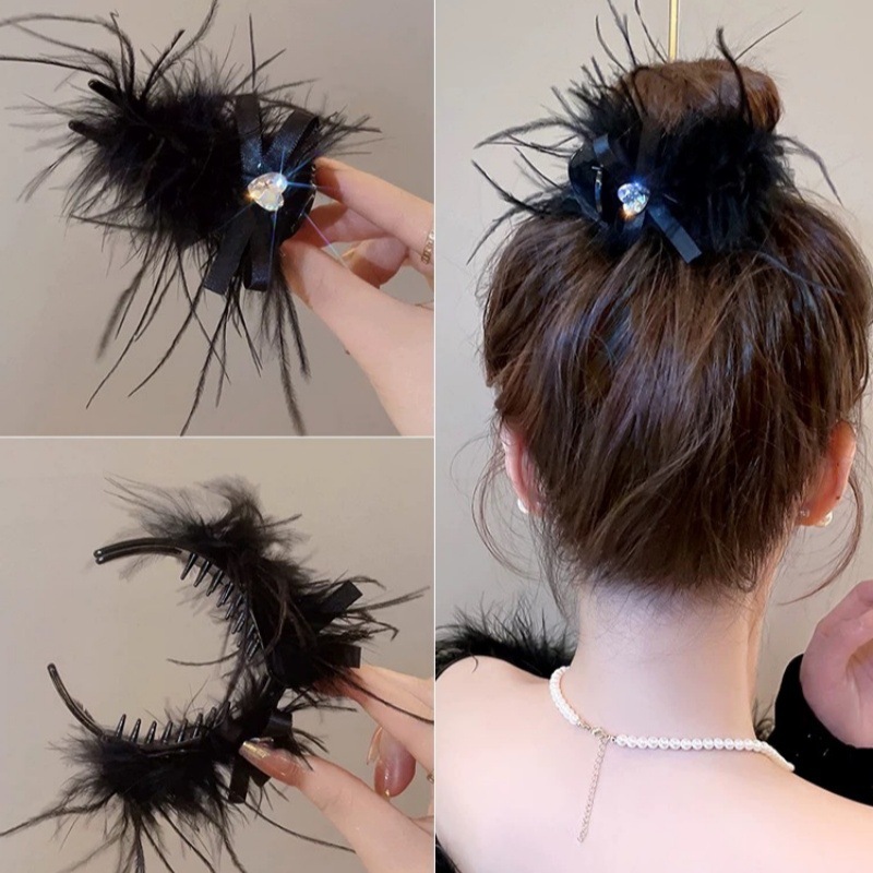 Black-Love Rhinestone Ostrich Feather Ball Clip