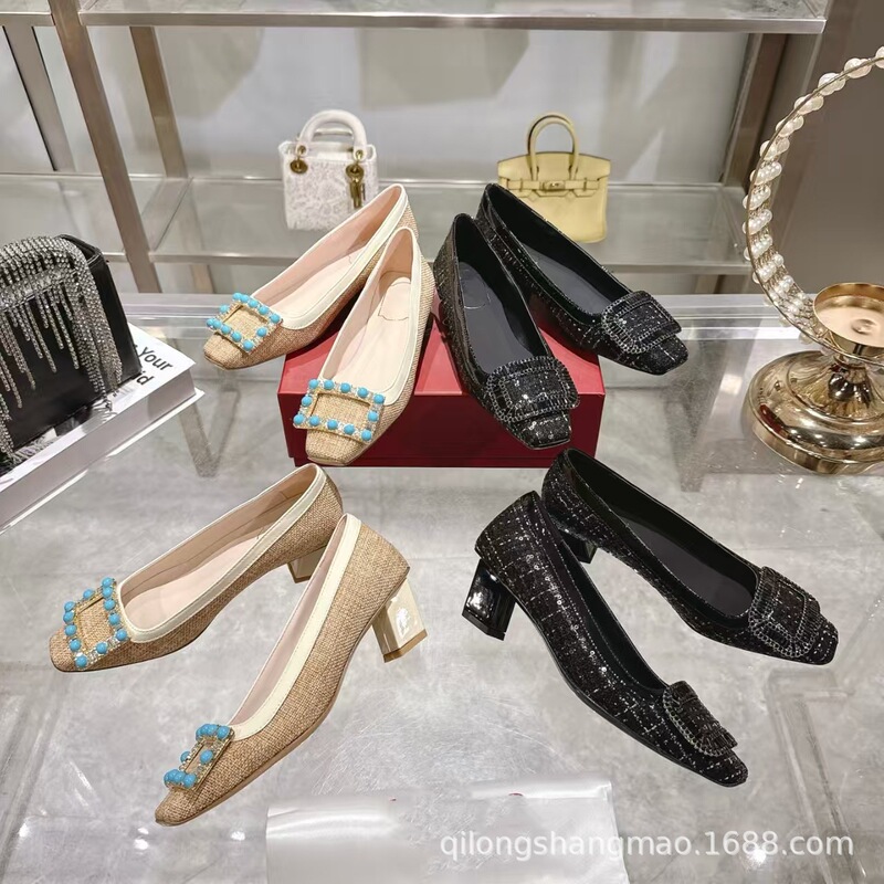 High-End 2026 Spring New French Rhinestone Square Buckle Thick Heel Shallow Mouth Flats Elegant Linen Square Toe Medium Heel Women's Shoes