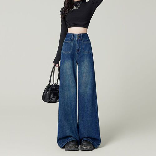 Fashionable New Style Jeans Pear Shape Elastic Women's Wide Leg Pants with Drape Floor-Length Pants with Two Buttons