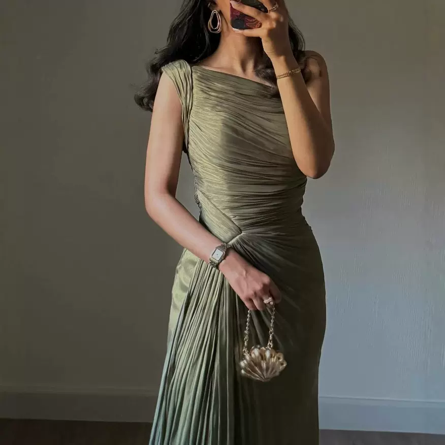 2024秋冬跨境欧美中东外贸女装独立站亚马逊褶皱飘带亮晶晶晚礼服