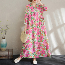 实拍2025早秋新款复古棉麻印花宽松休闲木耳花边领长袖大摆连衣裙