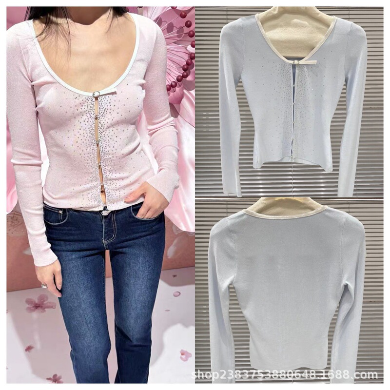 Nanyou High-Quality 2025 Spring and Summer New Silk Satin Yarn Starry Diamond Button Knitted Cardigan Spring Top