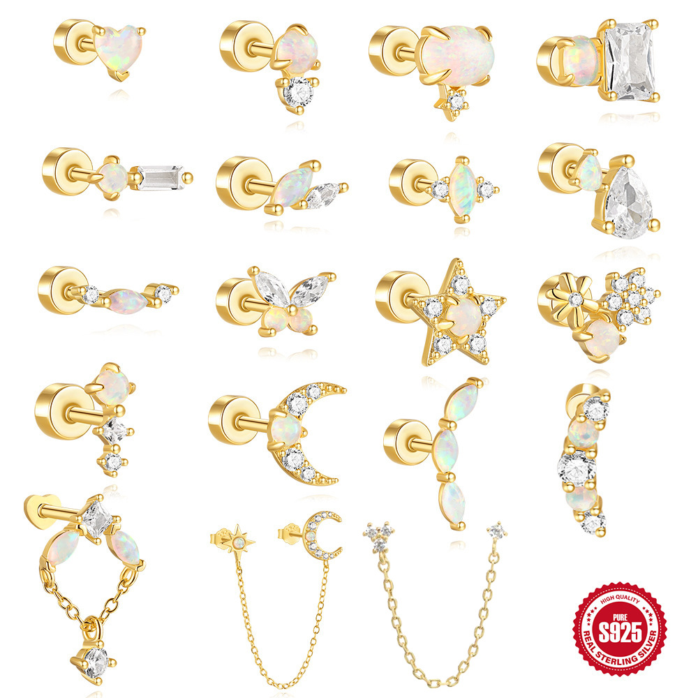 Nuevo estilo s925 plata de ley estilo caliente micro-incrustación circón flor oreja hueso clavo comercio exterior transfronterizo serie Opal arete perforador