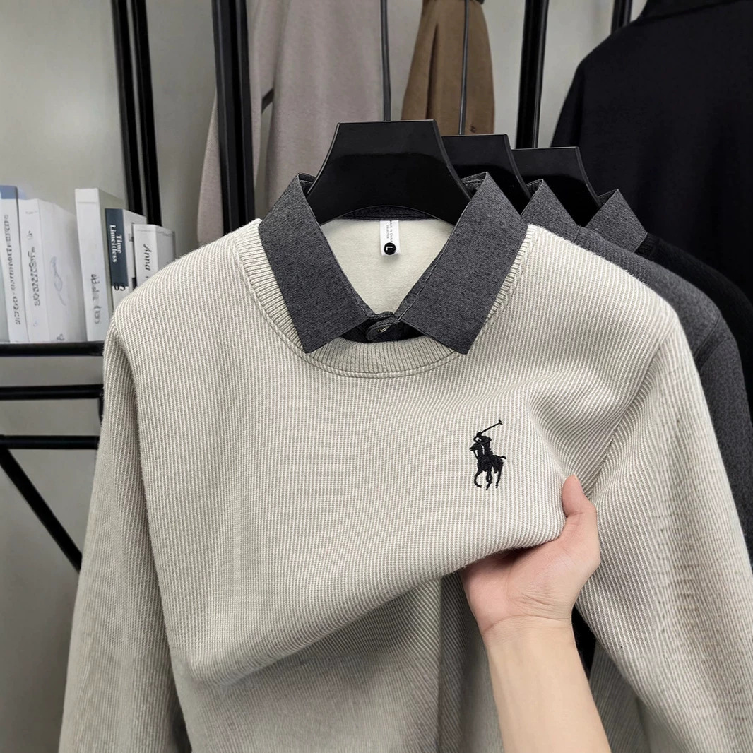 Heavyweight sweatshirt for men, featuring a faux two-piece design, new autumn collection, fashionable and casual, with embroidered shirt collar and long sleeves, wholesale men's base layer