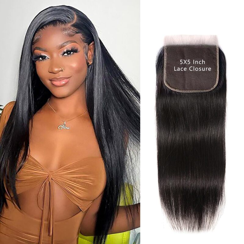 Cross-border real hair full hand-woven transparent lace hair block 5x 5 human hair closure real hair wig straight hair
