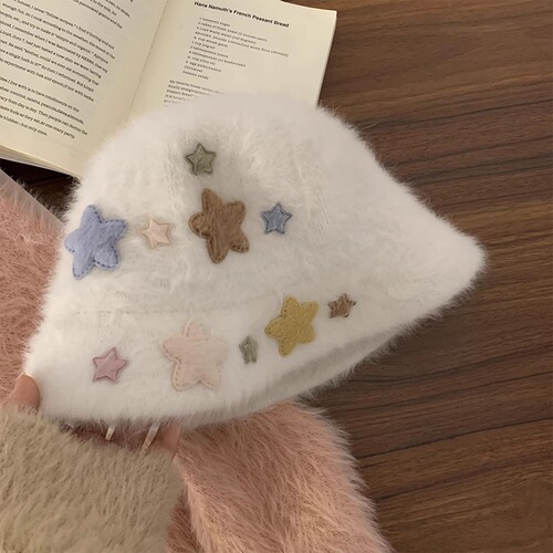 Japanese-style cute star plush fisherman hat for women, autumn and winter, face-slimming, ear-protecting, warm, bucket hat, Korean version, white hat