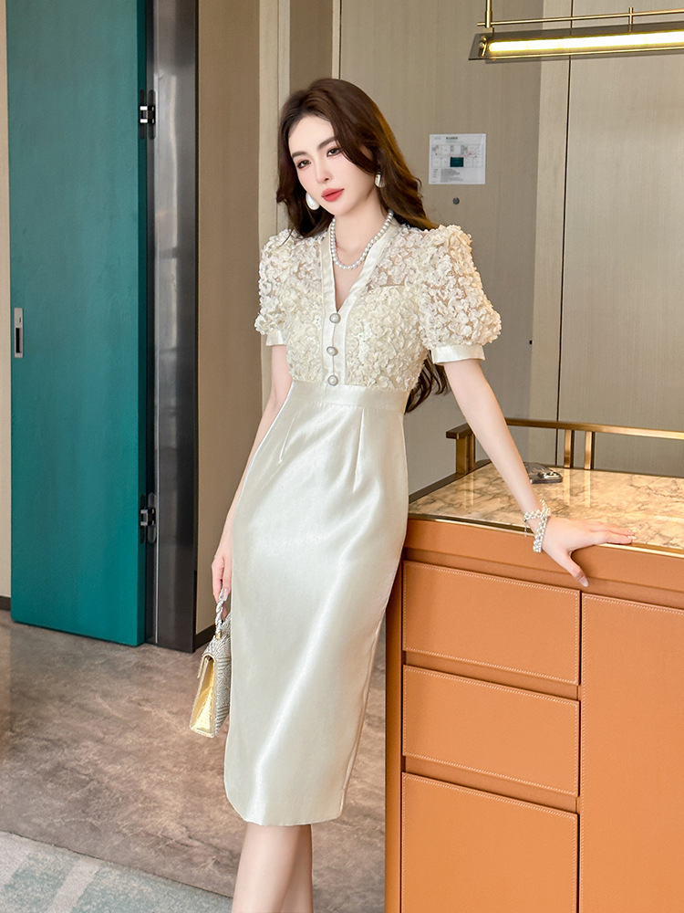 Đầm nữ thiết kế cổ chữ V tay phồng thắt eo giả hai mảnh phong cách Chanel — Màu xanh xám