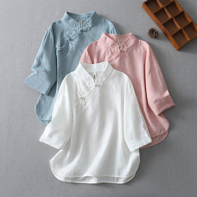 Retro Chinese-Style Cotton and Linen Blouse with Artistic Tea Dress Design, Vintage Stand Collar, Traditional Diagonal Collar, Fashionable Jacquard Mid-Sleeve Shirt for Women Retro Chinese-Style Cotton and Linen Blouse with Artistic Tea Dress Design, Vintage Stand Collar, Traditional Diagonal Collar, Fashionable Jacquard Mid-Sleeve Shirt for Women