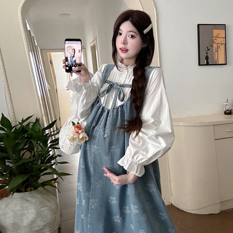 实拍新款现货 2025秋季新款甜美花朵宽松韩版牛仔背带裙两件套装|undefined