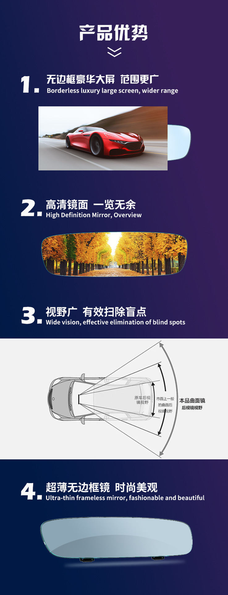 Car Interior Rearview Mirror Modified Universal Large Field of View Car Interior Anti-Dazzle Blue Mirror Reflector Curved Wide-Angle Mirror