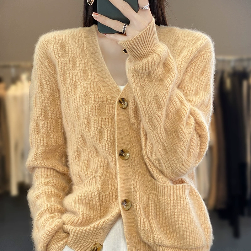 Demi-season sweater, jacket, knitted woolen cardigan, loose fit, V-neckline, plus size