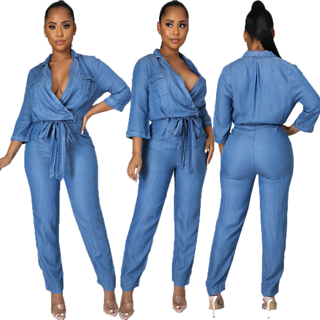 Slim Strap Casual Denim Jumpsuit NSSF66894