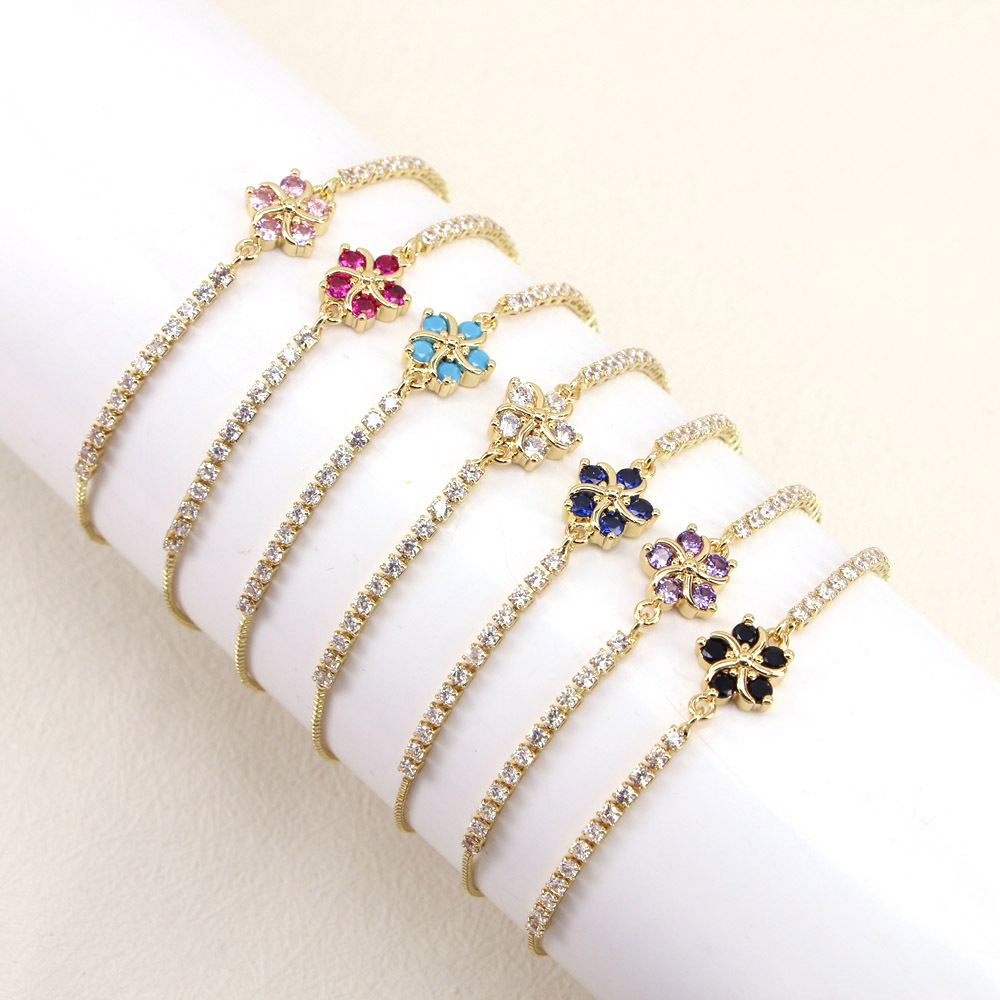 Simple Copper Micro-inlaid Zircon Colorful Flower Adjustable Bracelet display picture 4