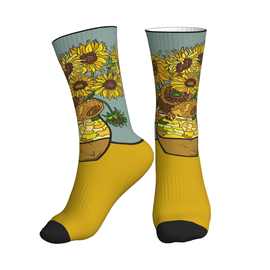 跨境POD数码印花长筒菊花油画印花运动男女袜子Socks亚马逊希音