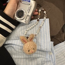 原创设计这个兔子珍珠水晶冬季毛绒兔子手机链ccd串珠相机挂饰