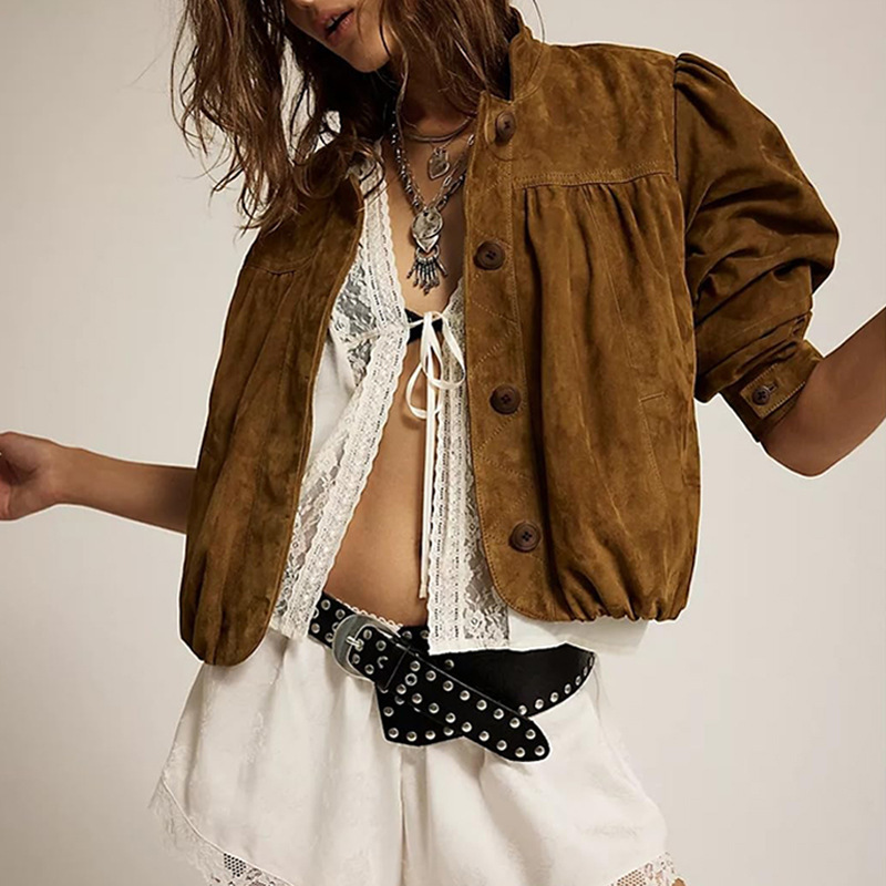 2025 Amazon European and American Cross-Border Autumn Women's Single-Breasted Short Puff Sleeve Trench Coat