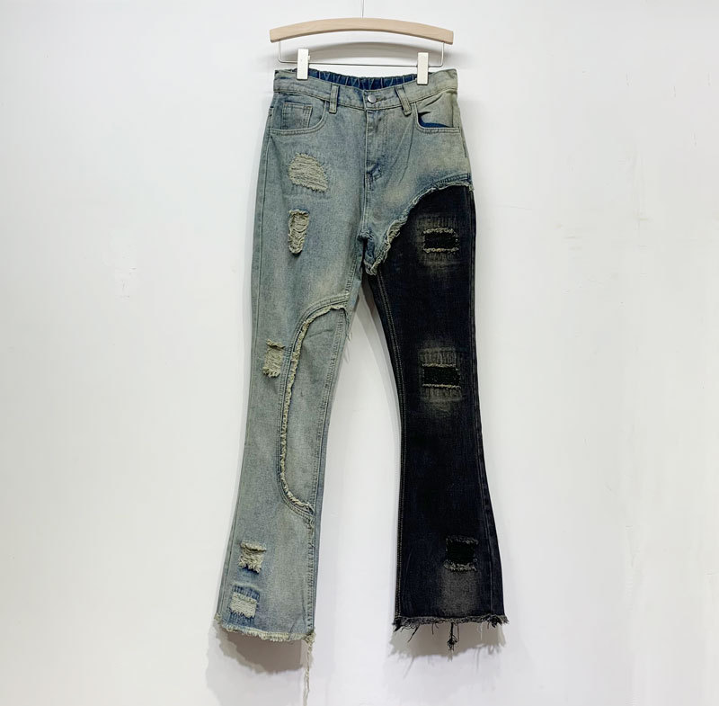 街头欧美风拼接牛仔裤女春秋2023新款国潮美式复古直筒拼色长裤子