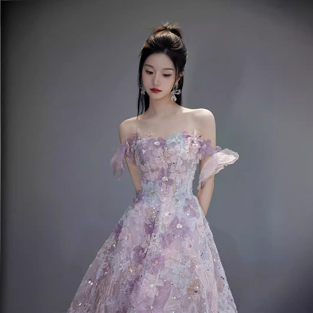 Damenbekleidung French Toast Kleid Braut eine Schulter Schmetterling Blume Fee Bankett Abendkleid für Erwachsene_voghion.com