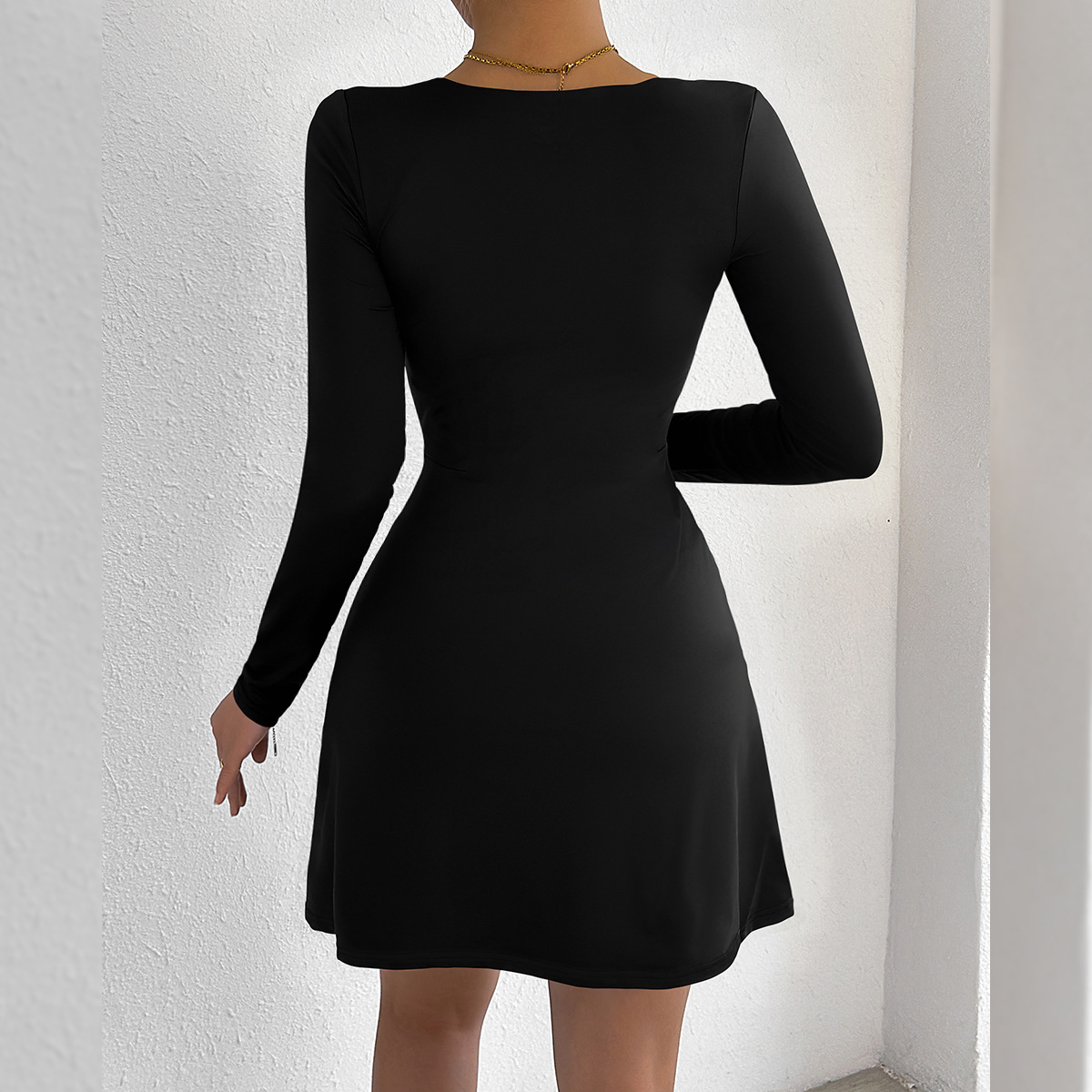 Women's Square Neck Long Sleeve Mini Dress American Style Tight Fit Sexy Fashion Casual Elegant Design For Summer_ecoleips.com