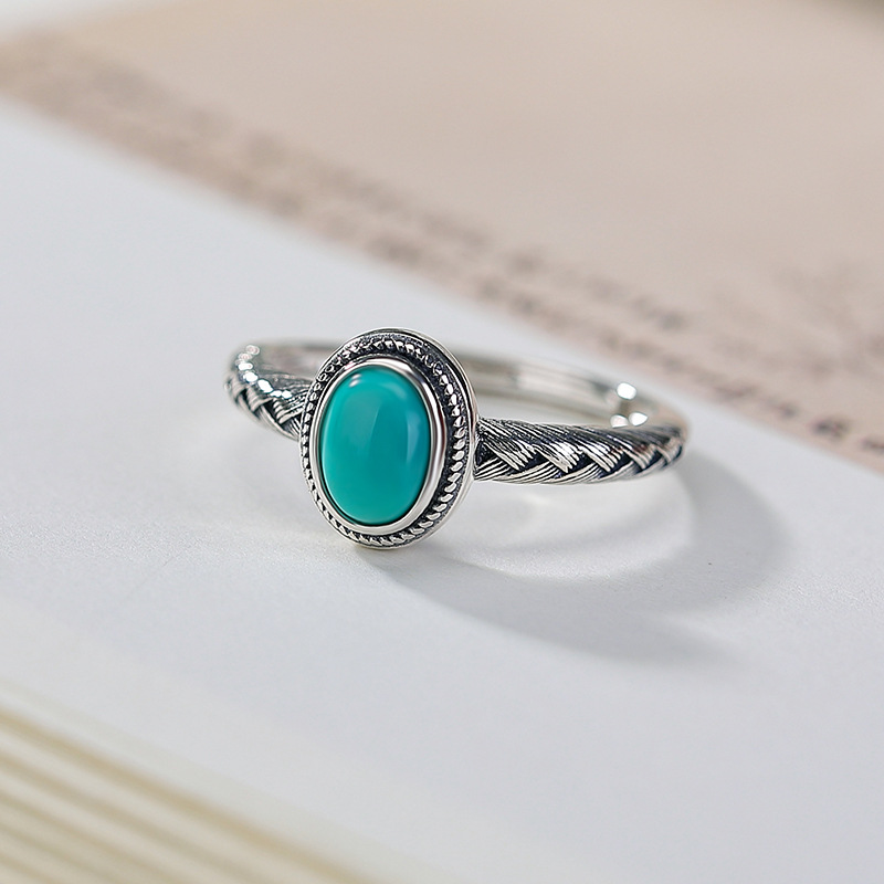 Yilu Silver Turquoise S925 Sterling Silver Vintage Egg Face Hình bầu dục bện răng Nhẫn Cung cấp xuyên biên giới — một mảnh