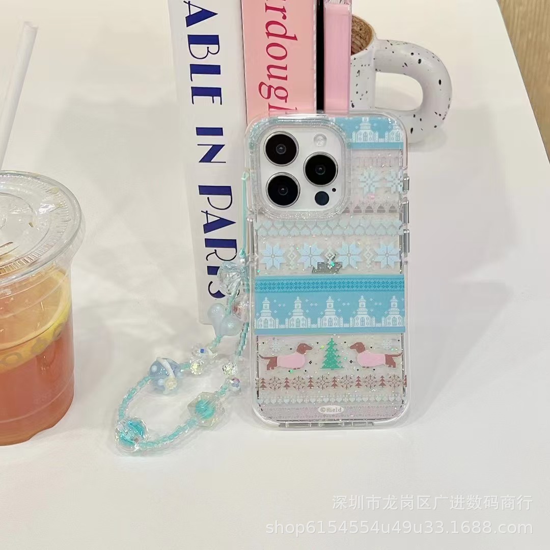 Ins brillo copo de nieve castillo salchicha perro apple iphone14 estuche para teléfono móvil Apple 16ProMax 15Pro hembra 13