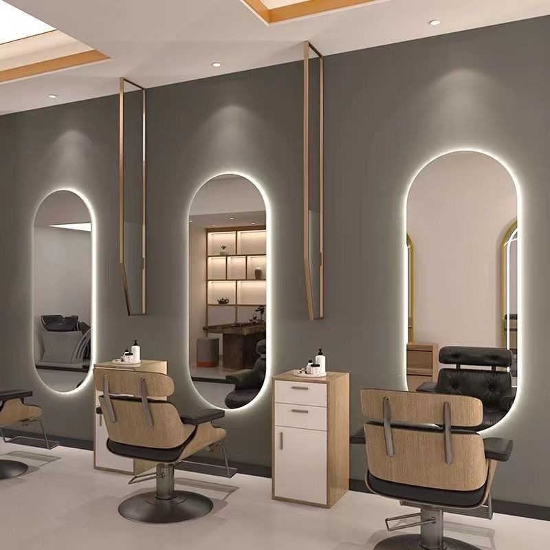 Barbería espejo salón especial barbería escaldar y teñir espejo con lámpara LED elíptica pared colgante suelo espejo de corte de pelo de lujo ligero