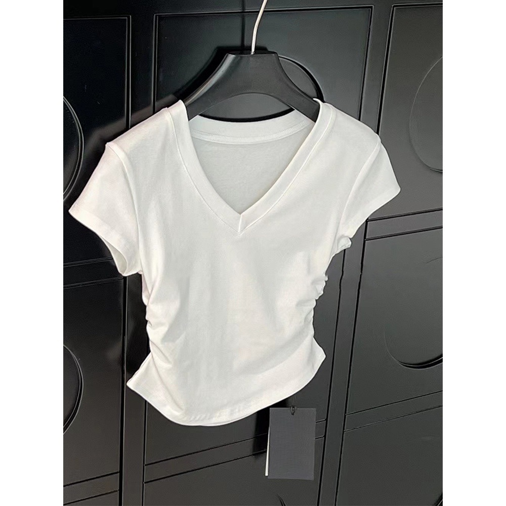 American-Style V-Neck Solid Color Regular Shoulder Short-Sleeve Women's Top Summer Design Niche Waist-Cinching Ruched Slim Fit Spicy Girl T-Shirt Base Layer
