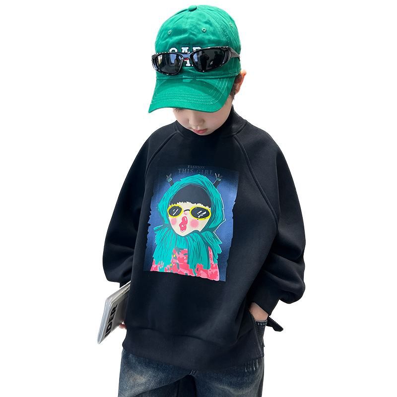 Sudadera con capucha estampada para niño para primavera y nuevo estilo 2024, conjunto para niño, camisa base de manga larga, otoño para niños de talla mediana_voghion.com