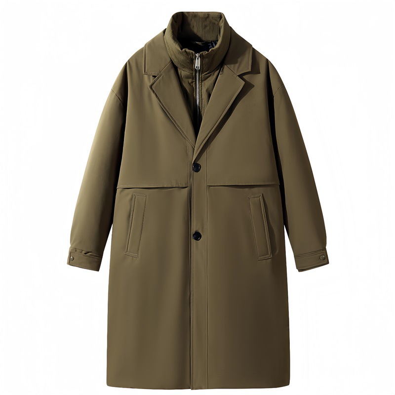 Long trench coat, reversible design, outdoor workwear, best-selling live stream item, warm down jacket, cross-border trendy brand, faux two-piece coat.