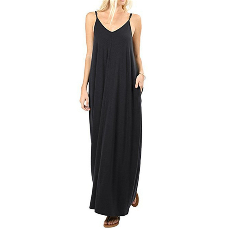 European and American Women's Fashion Sexy Tank Dress Cross-Border Amazon Solid Color Loose Casual Pocket Strap Maxi Dress