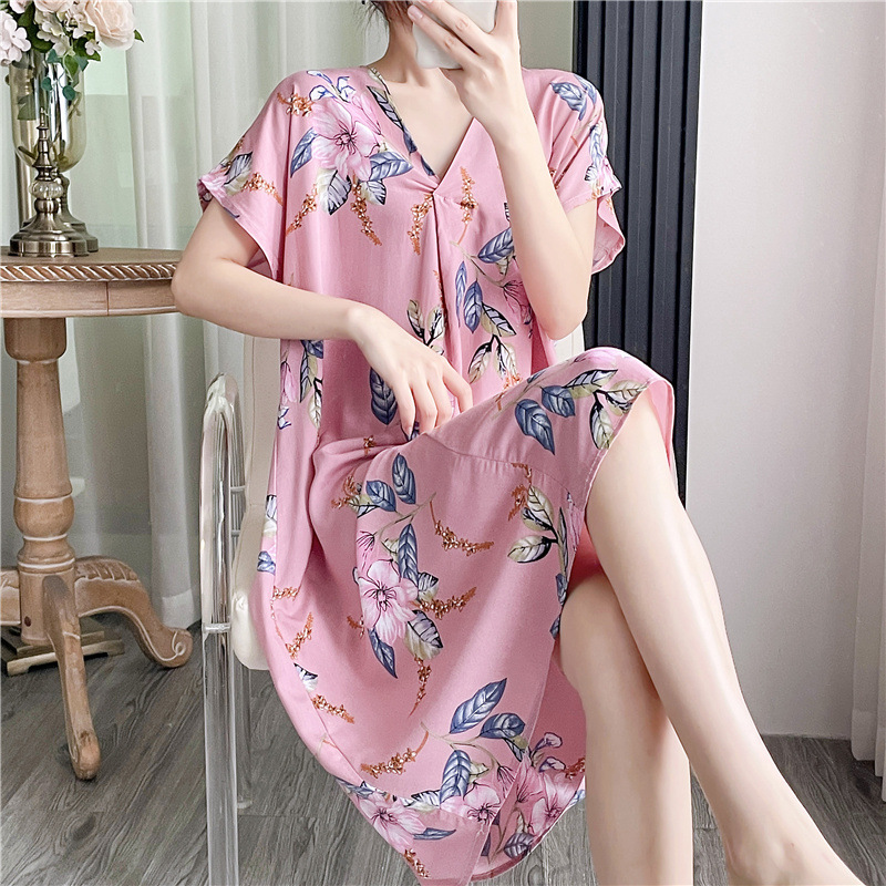 Camisón de seda de algodón para mujer verano nuevo Pijama estampado de dibujos animados de manga corta estilo coreano más tamaño ropa para el hogar suelta de seda de algodón delgada image 38