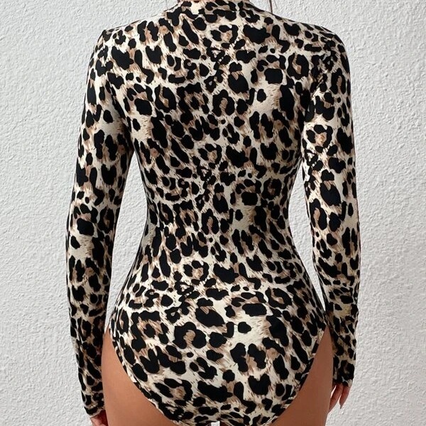 Ropa de mujer transfronteriza europea y americana pequeño collar de pie de manga larga de moda estampado de leopardo apretado estilo de niña caliente mono top image 4