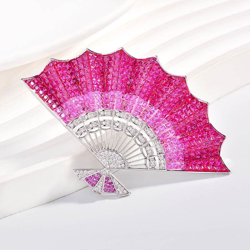 Aquamarine Crushed Ice Blue Fan-Shaped Brooch with Enamel Gradient Color, High-End Sparkle Brooch, Elegant Clothing Accessory
