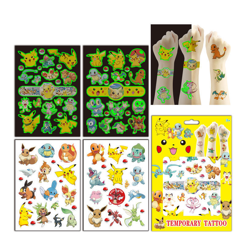 Tattoo Sticker Pikachu Pokemon Cartoon Waterproof Long-Lasting Cute Picture Luminous Tattoo for Women and Men
