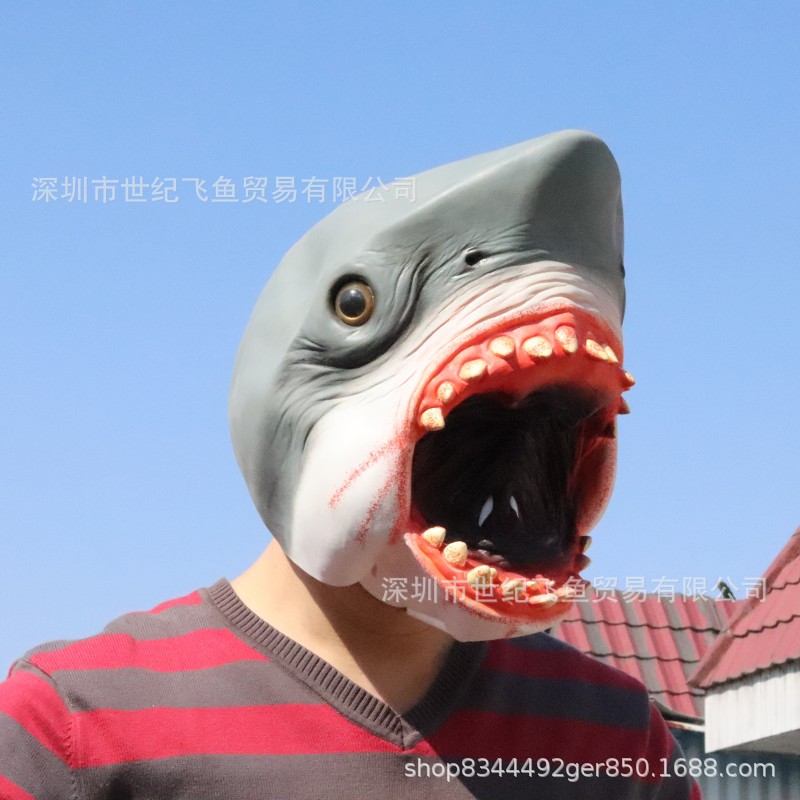 Máscara de tiburón de Halloween tiburón blanco tiburón canibal horror extraño y divertido tocado de látex