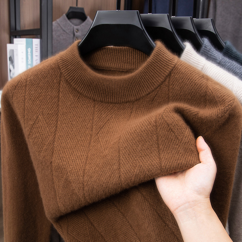 95.5% Sheep Wool 4.5% Cashmere Thickeneded 460g Men's Wool Sweater Autumn and Winter Diamond Jacquard Sweater for Men
