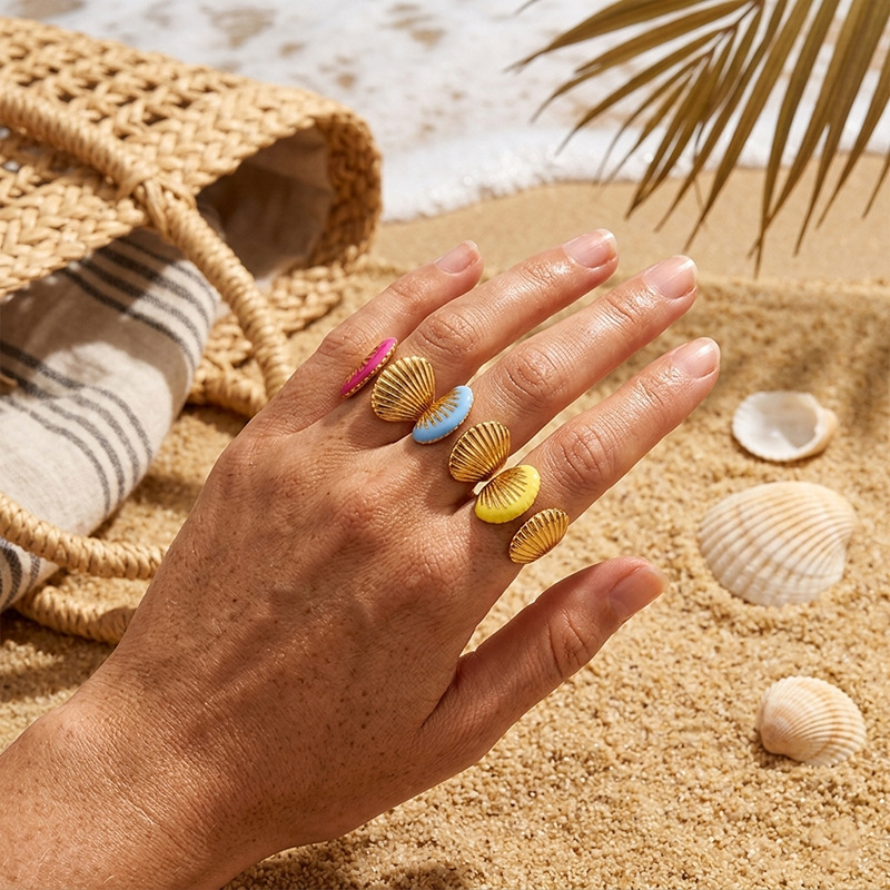 TENA estilo de oro de 18 quilates no se pierde color goteo de aceite anillo de conchas de nicho de alta calidad estilo marino joyas