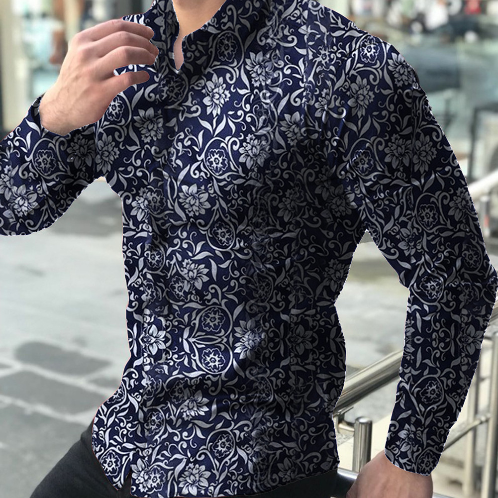 Men's floral shirt Muscle Men's style large stand collar Long Sleeve Shirt