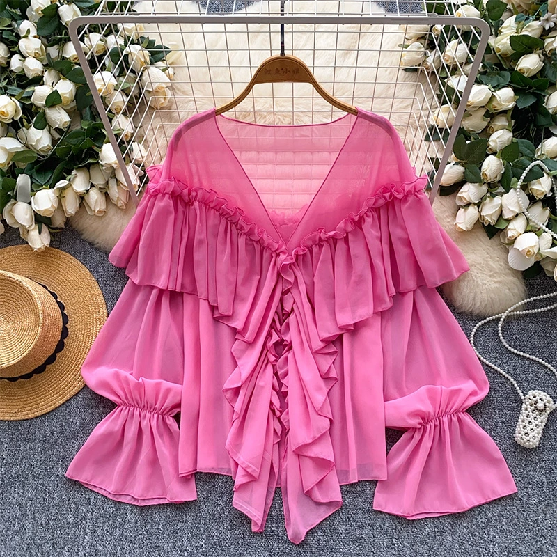 Летняя рубашка-футляр из шифона с оборками, свободного кроя, в стиле «ленивый шик», с рукавами-колокольчиками, коллекция Fairy Top 2025.