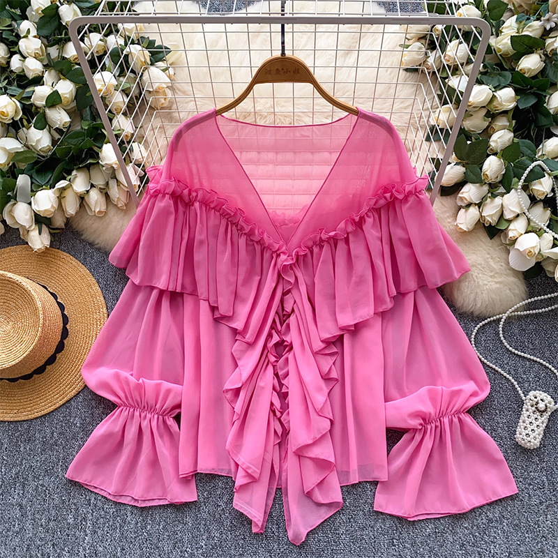 Fairy Top 2025 Summer Lazy Style Ladylike Ruffled Splicing Bell Sleeve Chiffon Shirt Loose Shirt