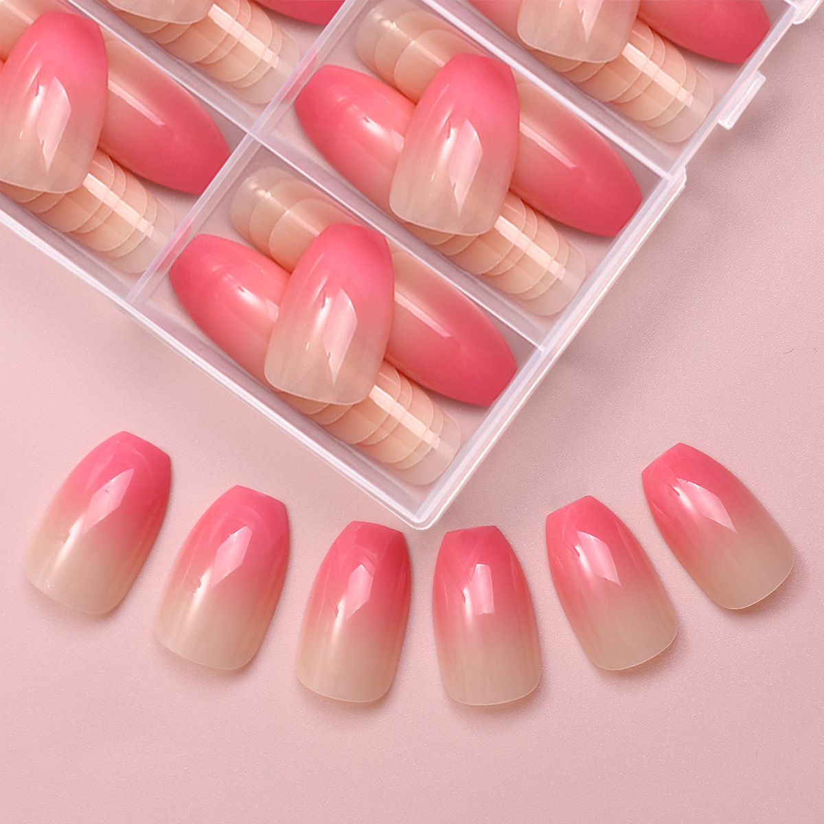 Parche de uñas con armadura de alta calidad 120 piezas en caja Parche de uñas postizas de longitud media trapezoidal de gradiente rosa