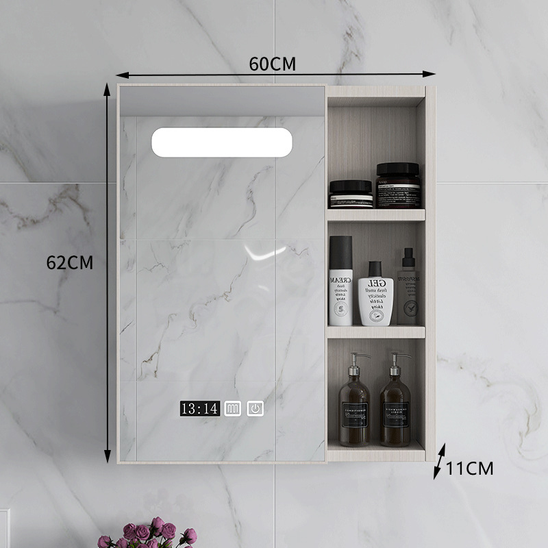 Armario de espejo de baño de lujo ligero simple con estante de almacenamiento espejo de baño caja de espejo de baño almacenamiento montado en la pared de fibra de carbono