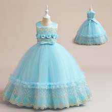 跨境年新品绣花天蓝色女童礼服蓬蓬公主纱裙高端走秀钢琴独奏演出