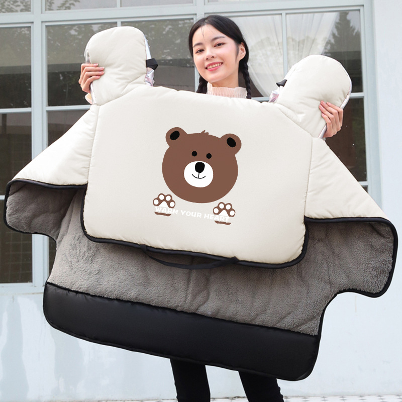 印花款 咖啡熊米色【侧翼加宽加绒+口袋】