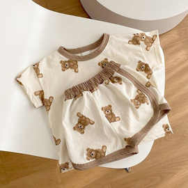 ins2024夏款韩国婴儿可爱卡通熊短袖T恤上衣+短裤男女宝宝2件套装