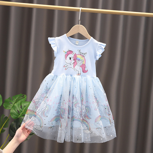 2024 new style girls small and medium children unicorn dress fluffy yarn princess dress cotton short sleeve baby trendy