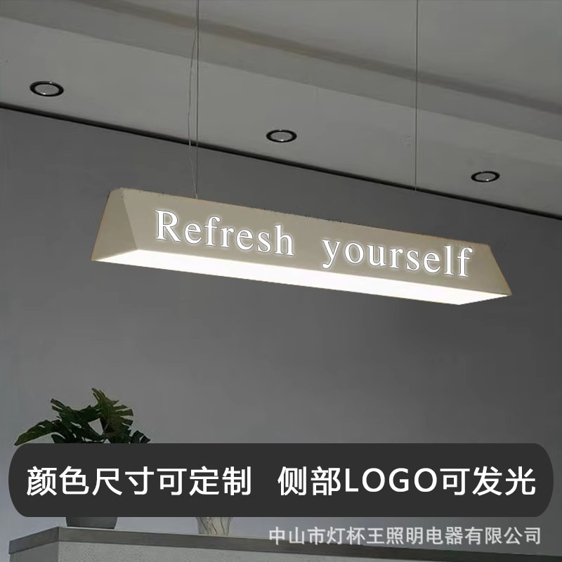 Cajero creativo Lámpara larga acrílica Restaurante Café Tienda de té con leche Lámpara de bar Lámpara de barra de luz de LOGO hueco